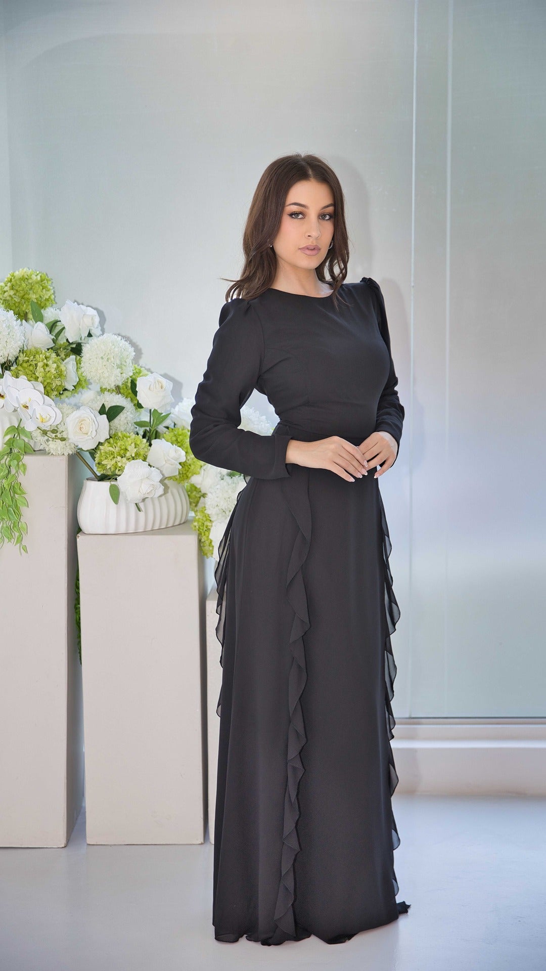 Luxury Black Soft Chiffon Dress with Ruffle Design