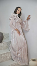 Exclusive Liquid Chiffon dress with Floral Pearl Detail and Ruffled Sleeve design