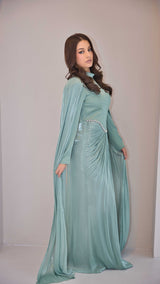 Exclusive Liquid Chiffon Cape Sleeve dress with Jewel detail on waistline