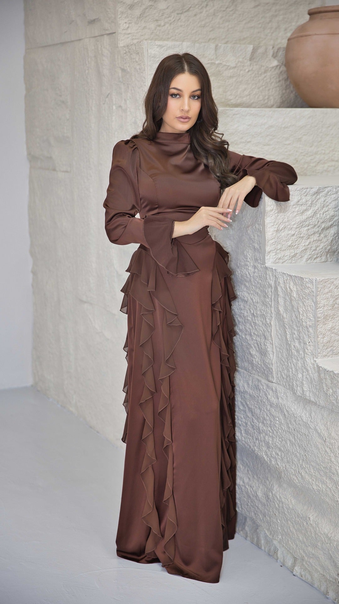 Luxury Brown Silk Satin dress with Chiffon Frills