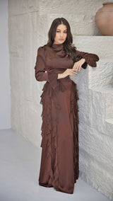 Luxury Brown Silk Satin dress with Chiffon Frills