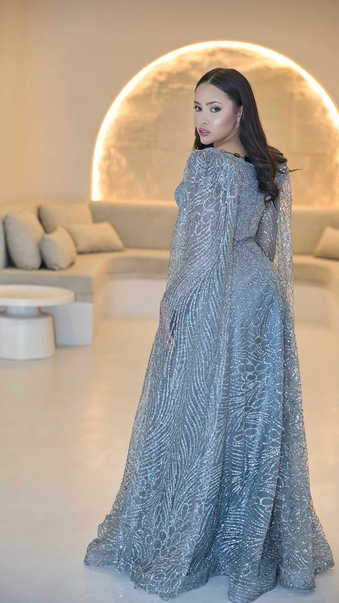 Grey Blue Cape Sleeve Evening Dress
