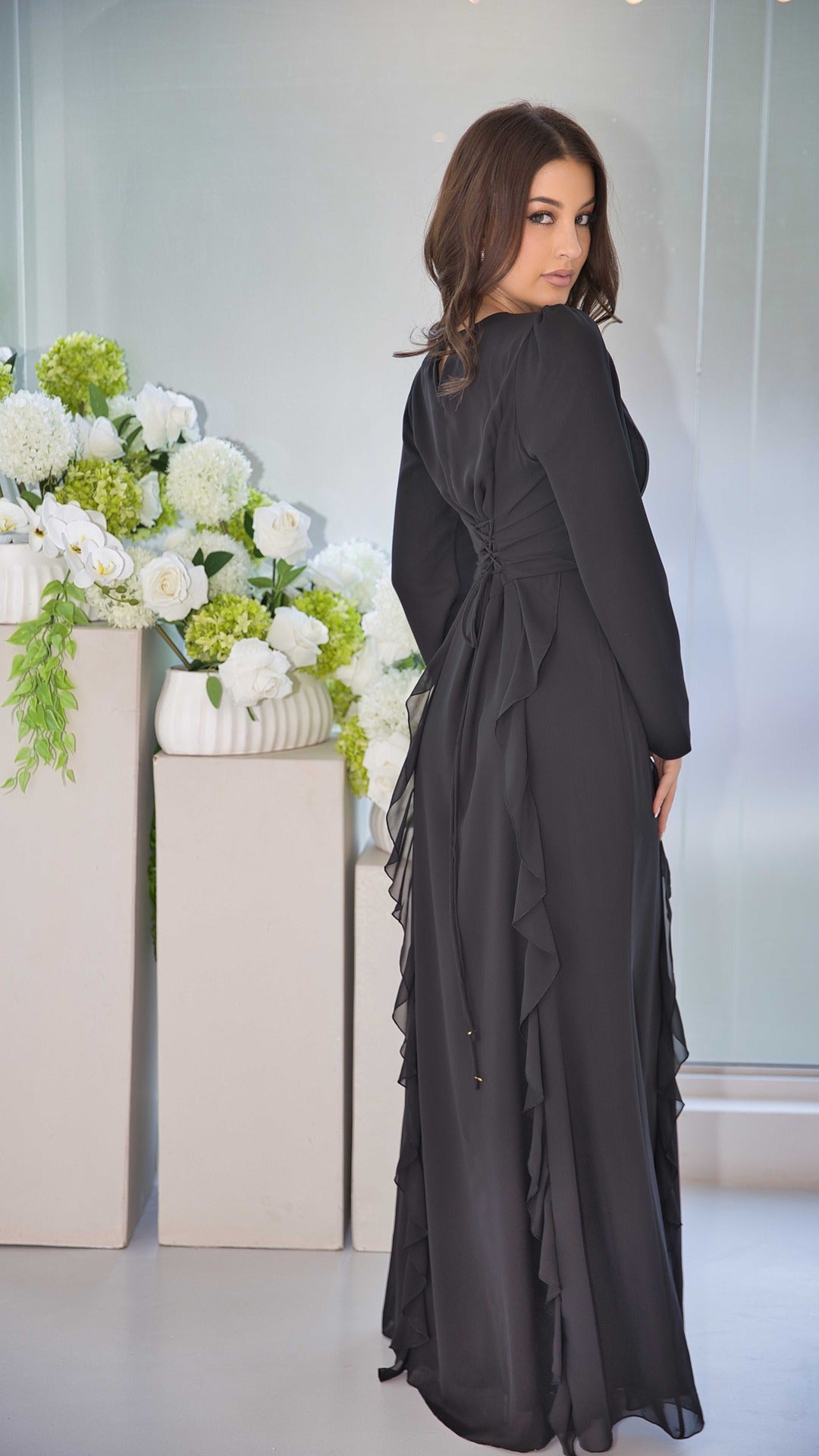 Luxury Black Soft Chiffon Dress with Ruffle Design