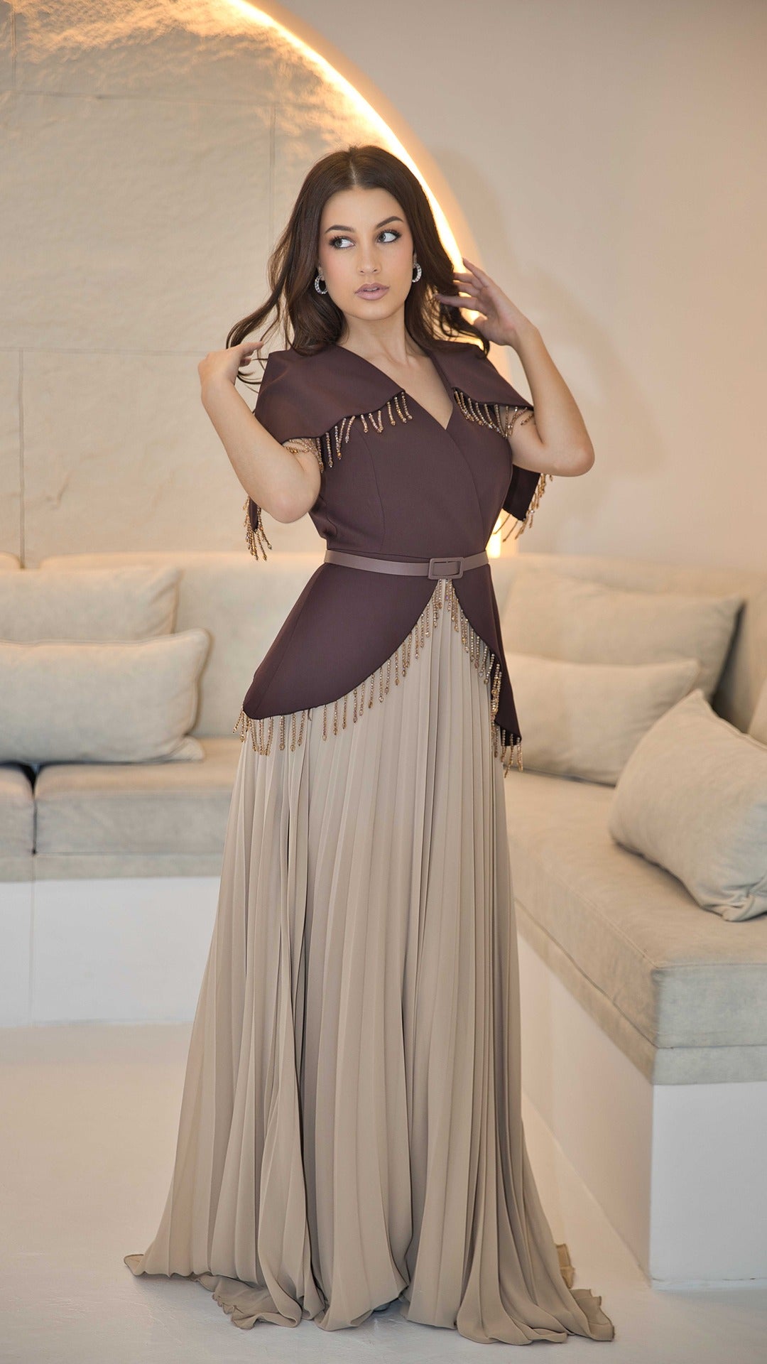 Exclusive Brown and Nude Dress with beaded tassles