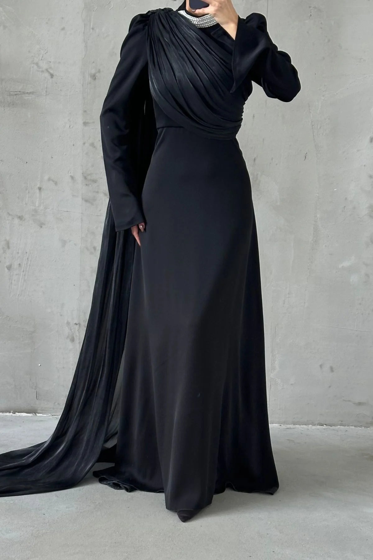 Exclusive Luxury Black Dress with Hand-beaded Neckline & single sided Cape Sleeve