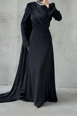 Exclusive Luxury Black Dress with Hand-beaded Neckline & single sided Cape Sleeve