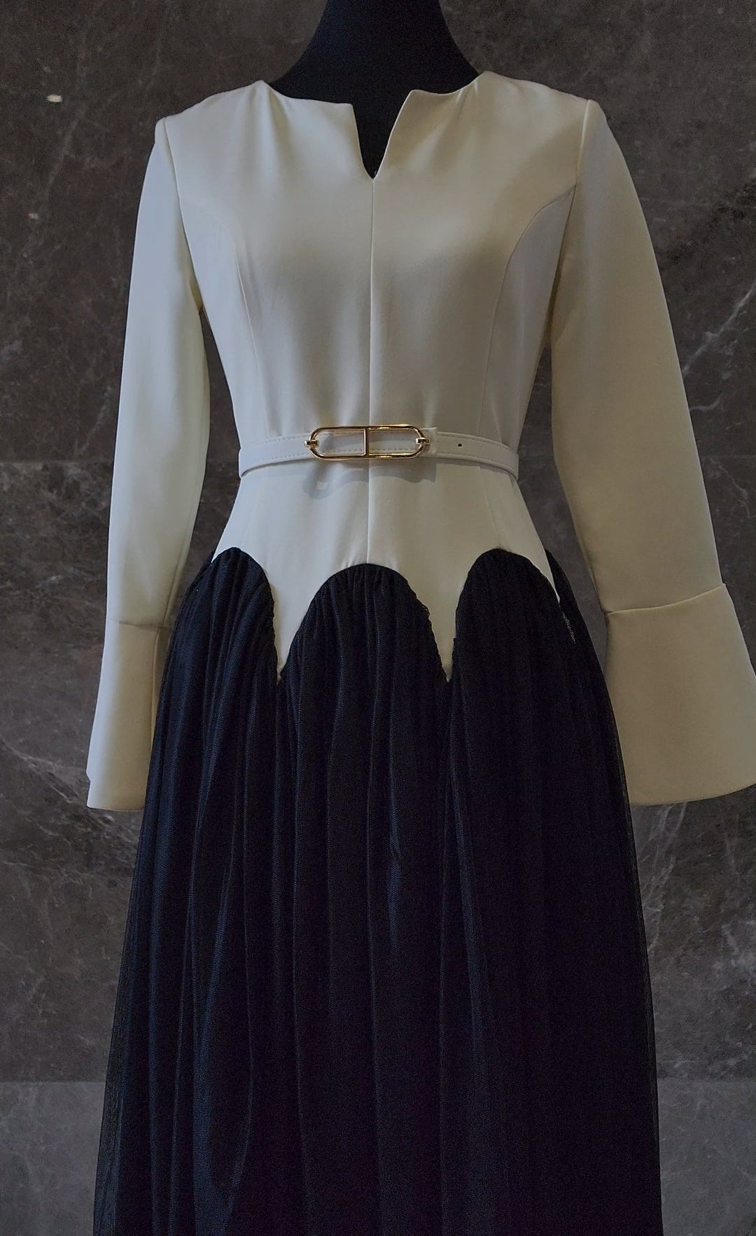Exclusive Cream & Black Peplum Design Dress with Belt