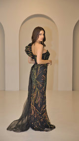 Exclusive Evening Dress with Multi-Colour Sequin Detail.