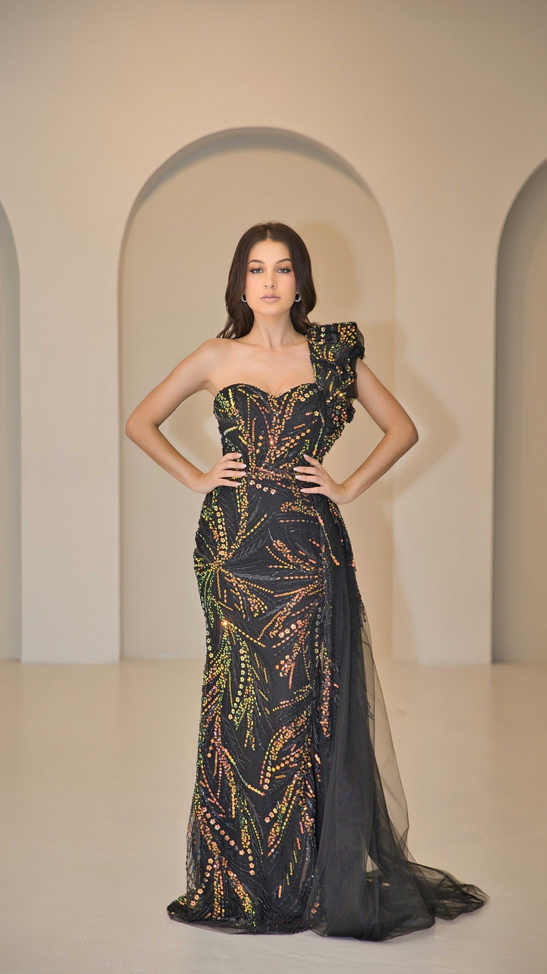 Exclusive Evening Dress with Multi-Colour Sequin Detail.