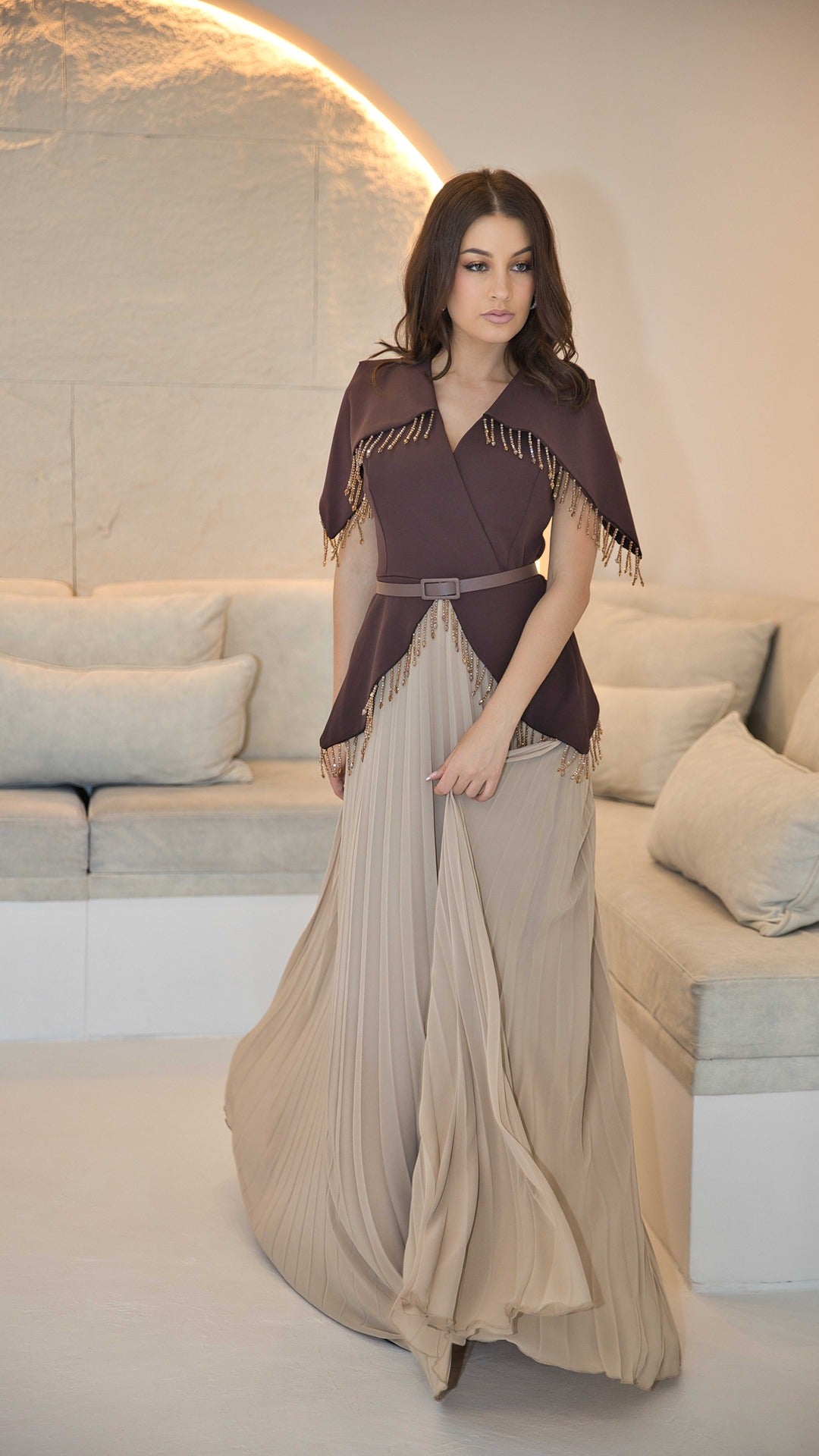 Exclusive Brown and Nude Dress with beaded tassles