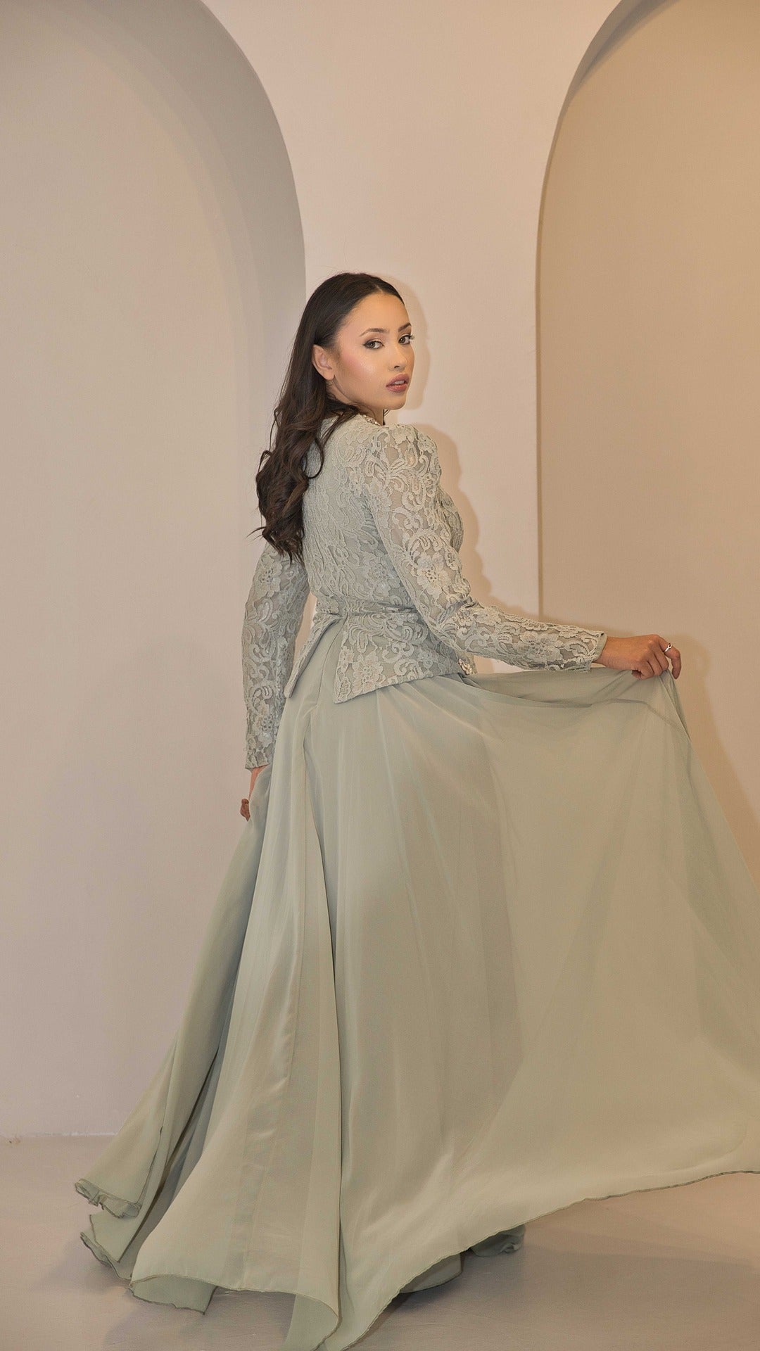 Exclusive Sage Green Dress with Jewel Embellishment & Lace Bodice
