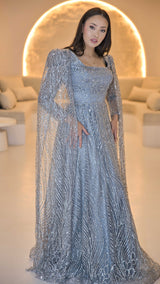 Grey Blue Cape Sleeve Evening Dress