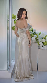 Exclusive Silver Evening Gown with Structured Off-Shoulder Sleeve