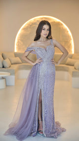 Lavender Haute Couture Designer Evening Gown with Hand-beadwork