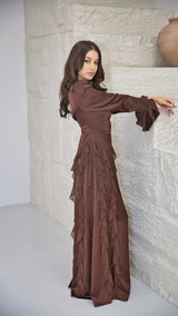 Luxury Brown Silk Satin dress with Chiffon Frills