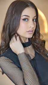 Exclusive Black Soft Chiffon Dress and Mesh Rhinestone Sleeve