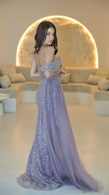 Lavender Haute Couture Designer Evening Gown with Hand-beadwork