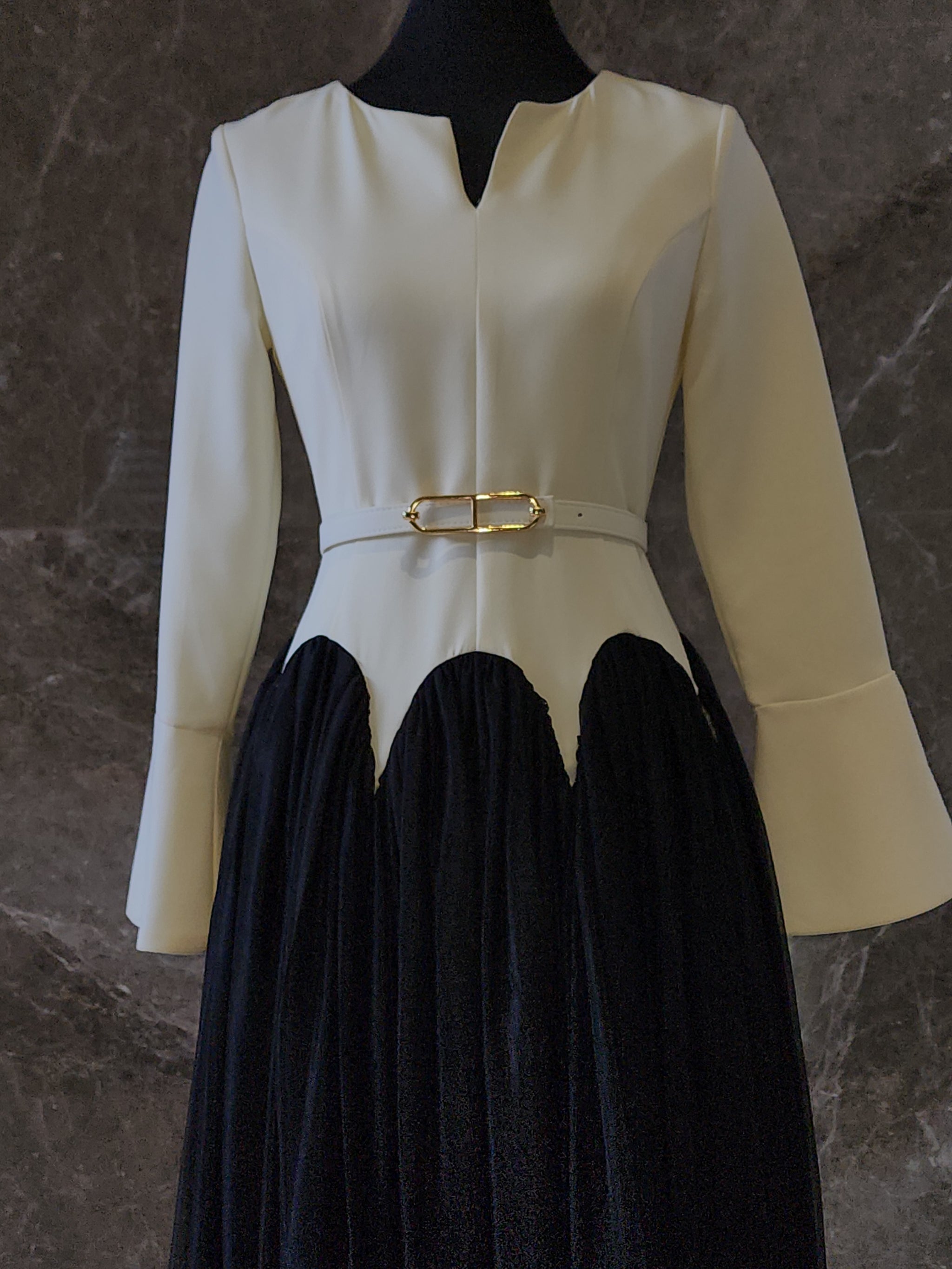 Exclusive Cream & Black Peplum Design Dress with Belt