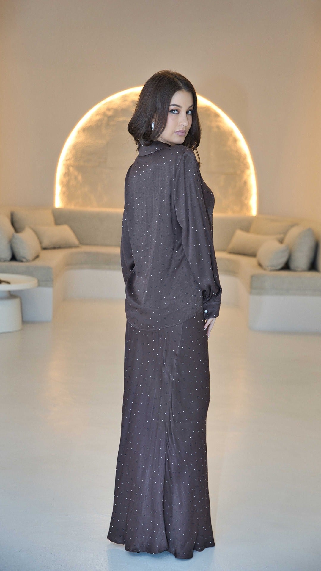 Brown Luxury Silk Satin Co-ord Set with Rhinestone Detail.