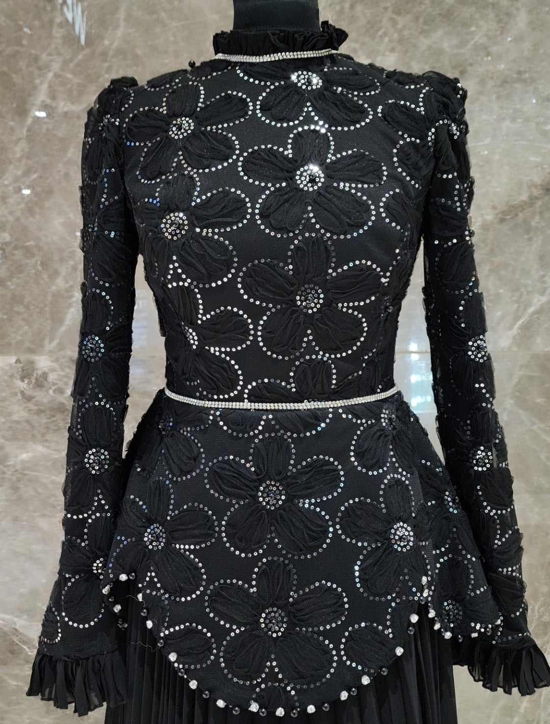 Exclusive Black Dress with floral Design & diamantè belt