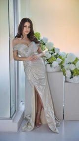 Exclusive Silver Evening Gown with Structured Off-Shoulder Sleeve