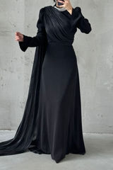 Exclusive Luxury Black Dress with Hand-beaded Neckline & single sided Cape Sleeve