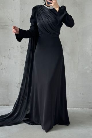 Exclusive Luxury Black Dress with Hand-beaded Neckline & single sided Cape Sleeve