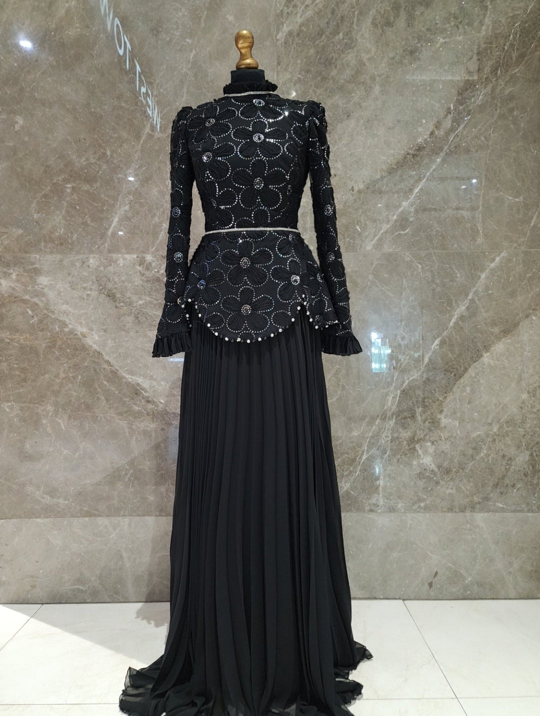 Exclusive Black Dress with floral Design & diamantè belt