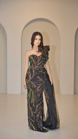 Exclusive Evening Dress with Multi-Colour Sequin Detail.