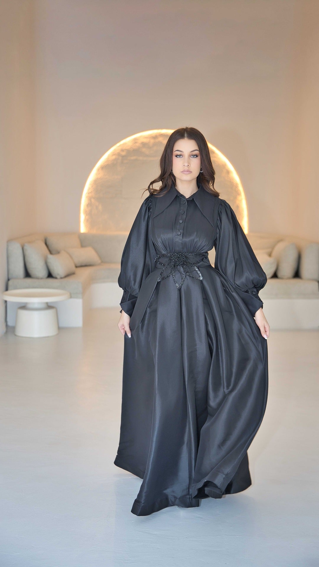 Exclusive Black Organza Dress with Beaded & Feather Appliquè on Waistline