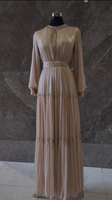 Exclusive Champagne Liquid Chiffon dress with Jewel Detail on Neckline