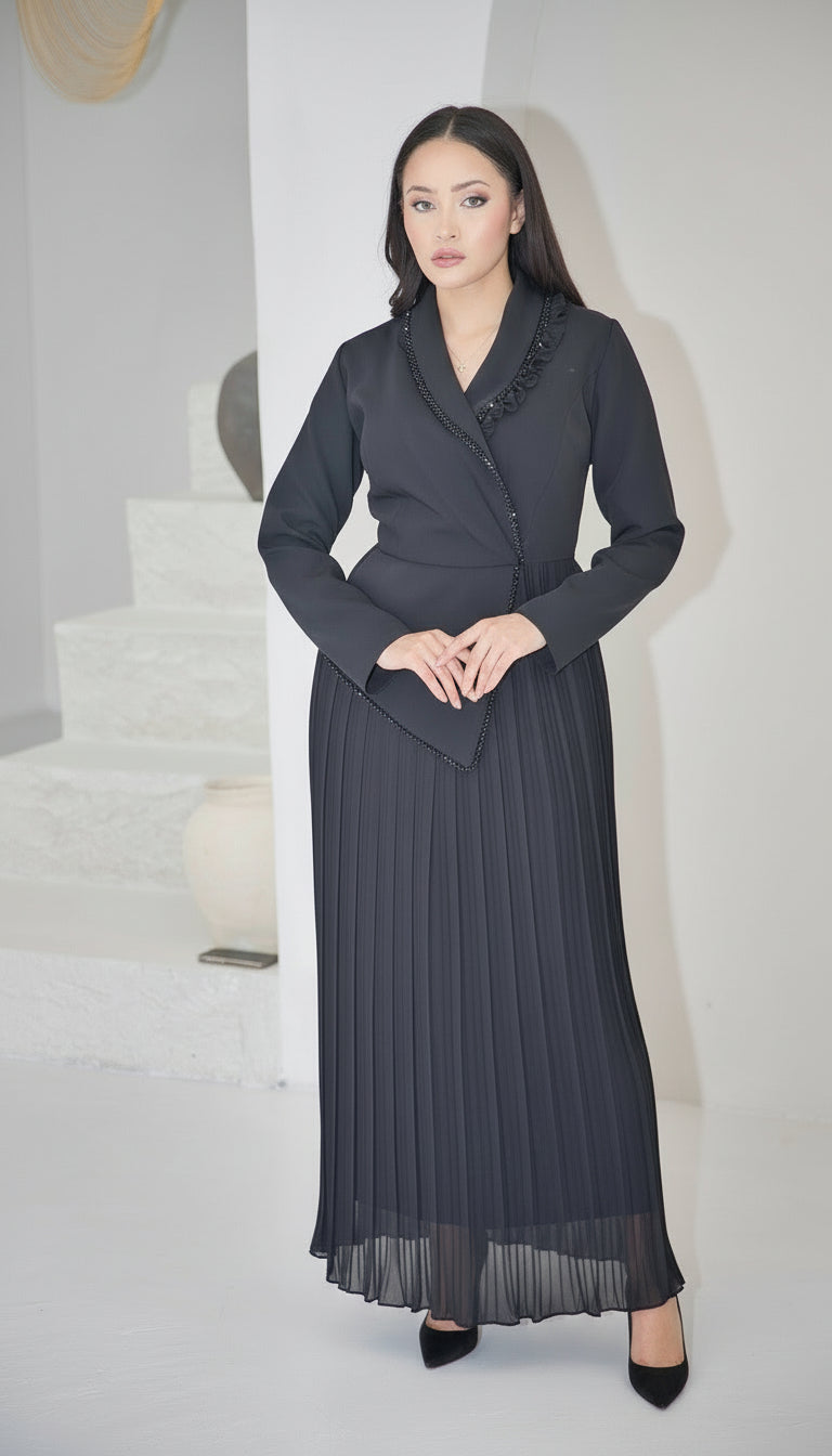 Exclusive Black Dress with Beaded Bodice and Frill Detail on Neckline