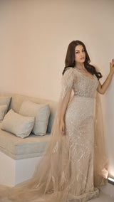 Exclusive Evening Gown with Feathered Shoulders & Cape Sleeves
