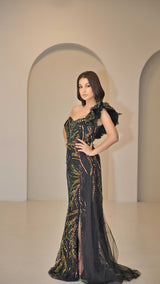 Exclusive Evening Dress with Multi-Colour Sequin Detail.