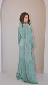 Exclusive Liquid Chiffon Cape Sleeve dress with Jewel detail on waistline