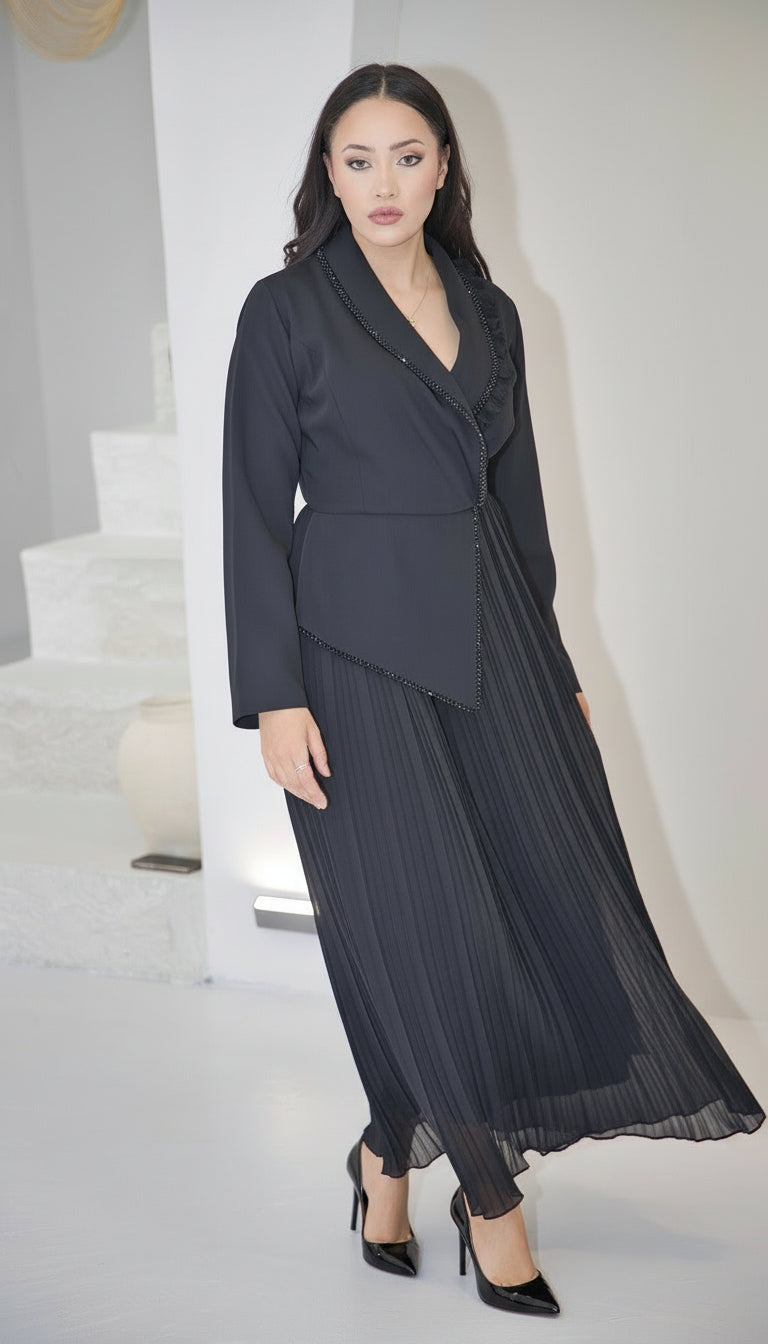 Exclusive Black Dress with Beaded Bodice and Frill Detail on Neckline