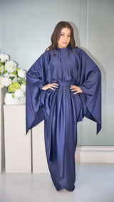 Navy Satin Dress with Bat-wing Sleeves