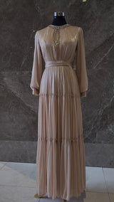 Exclusive Champagne Liquid Chiffon dress with Jewel Detail on Neckline