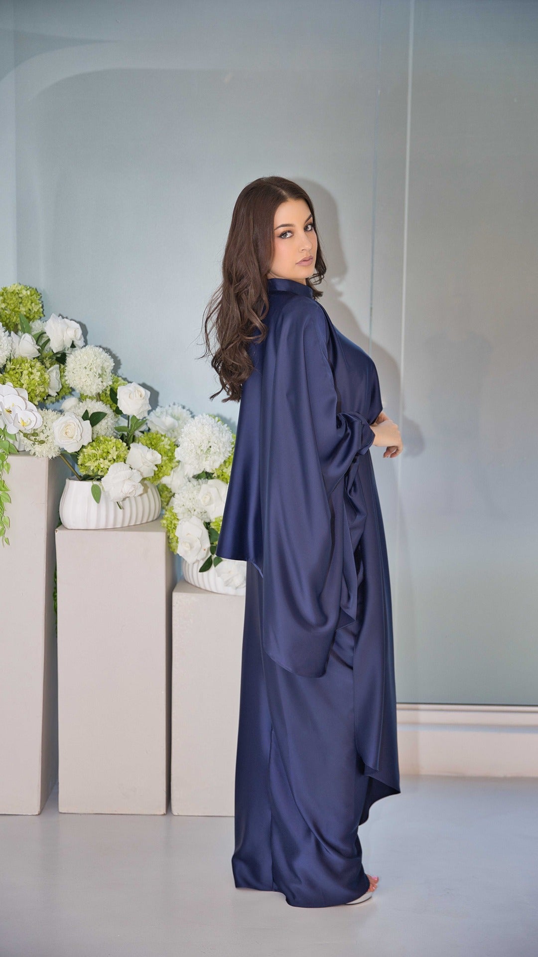 Navy Satin Dress with Bat-wing Sleeves