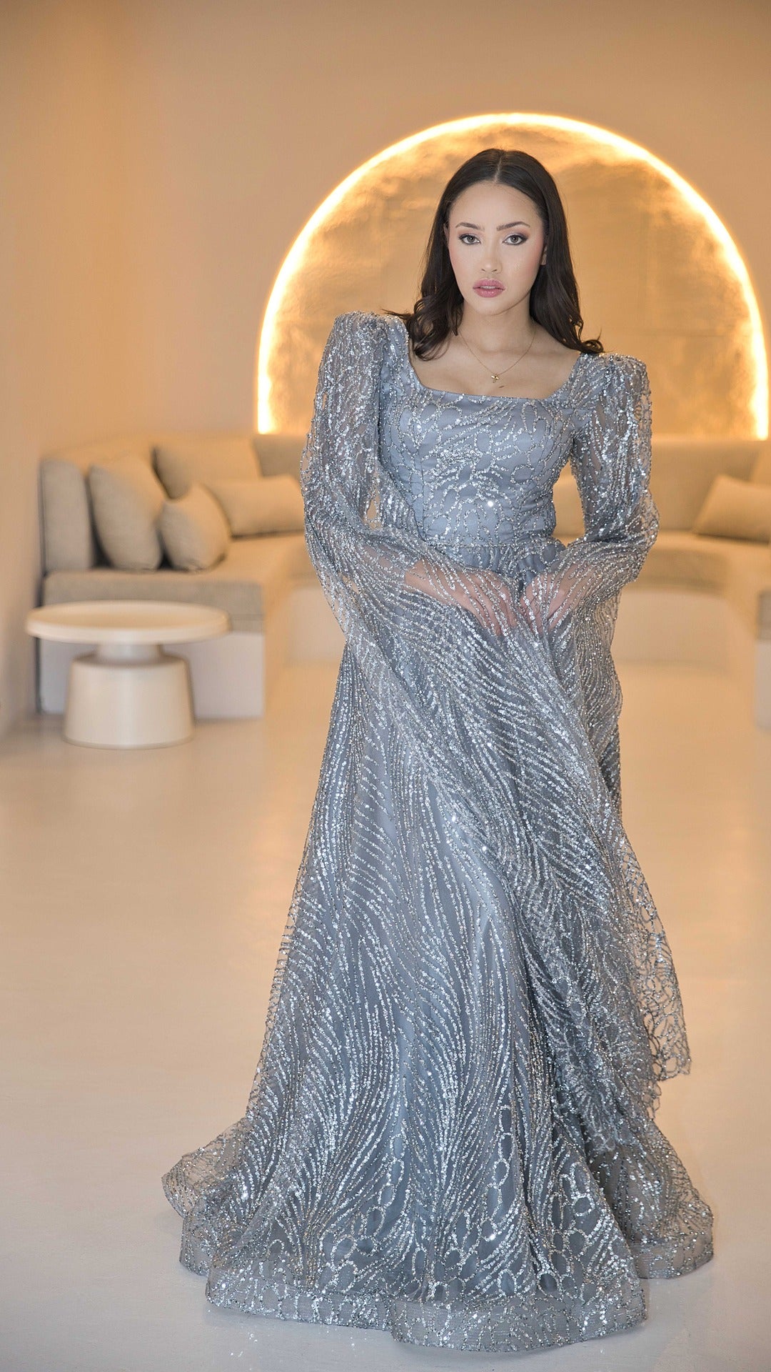 Grey Blue Cape Sleeve Evening Dress