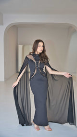 Exclusive Black Evening Dress with Cape Sleeves and Rhinestones.