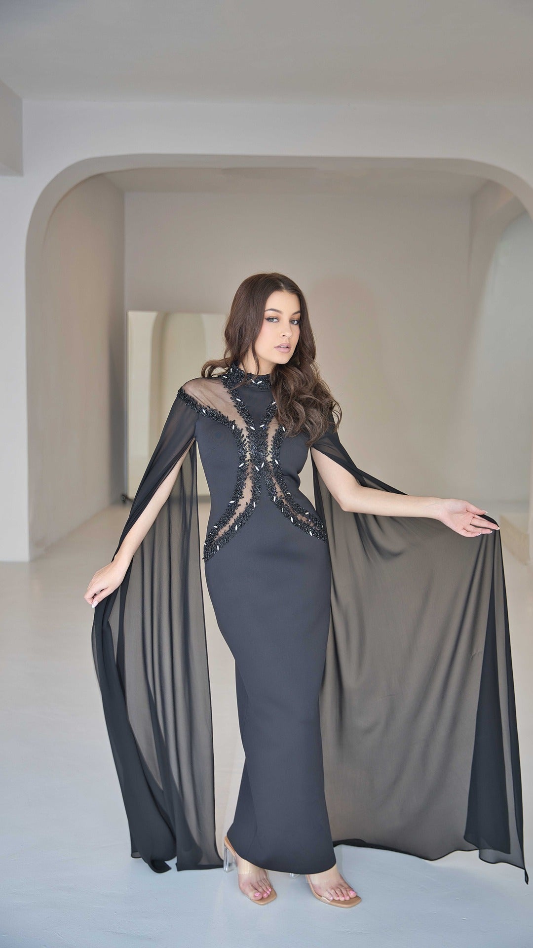 Exclusive Black Evening Dress with Cape Sleeves and Rhinestones.