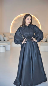 Exclusive Black Organza Dress with Beaded & Feather Appliquè on Waistline