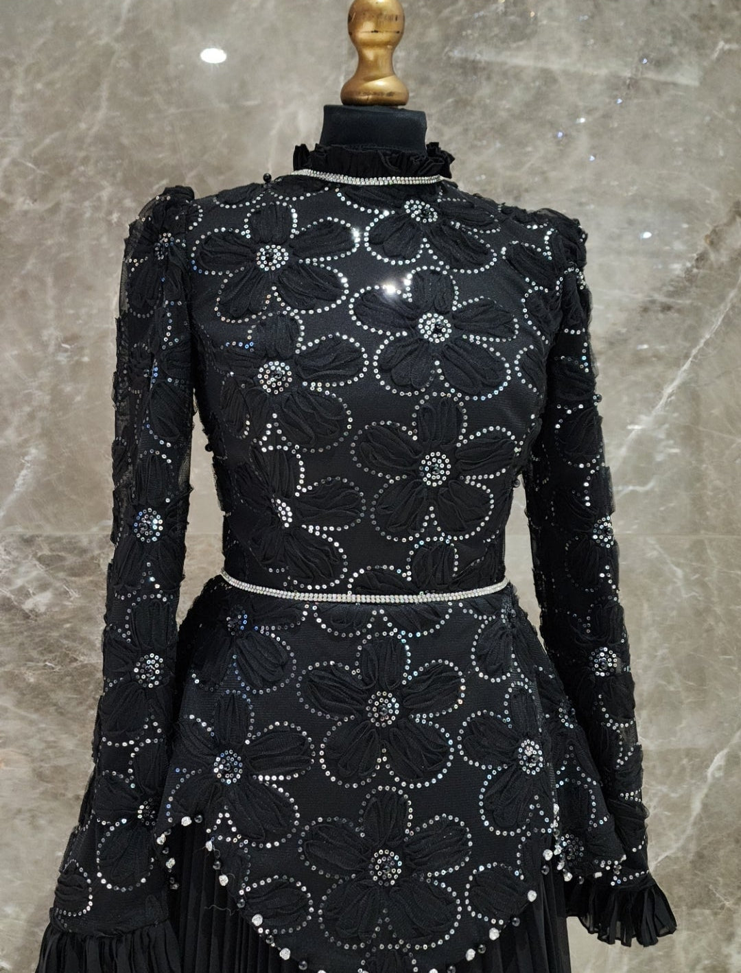 Exclusive Black Dress with floral Design & diamantè belt
