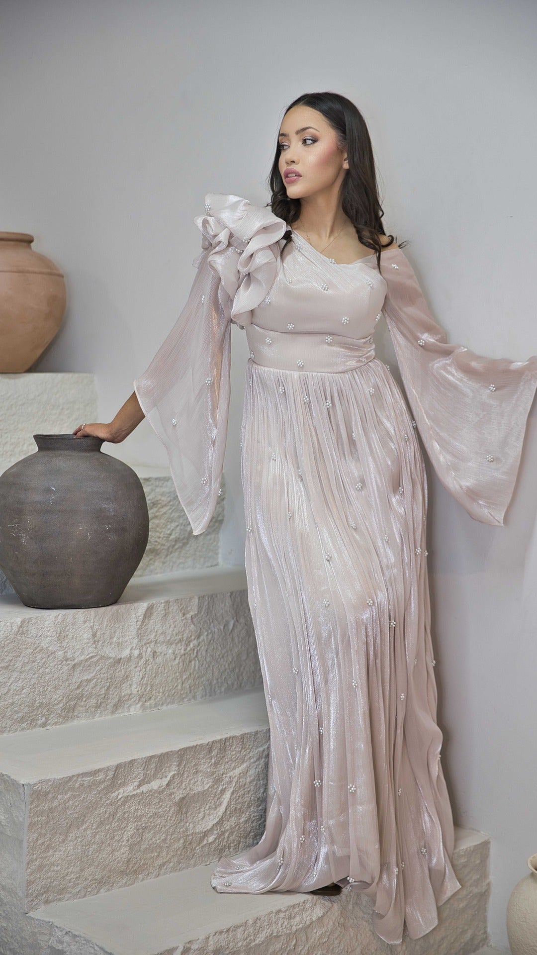 Exclusive Liquid Chiffon dress with Floral Pearl Detail and Ruffled Sleeve design