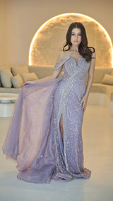 Lavender Haute Couture Designer Evening Gown with Hand-beadwork