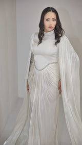 Exclusive Liquid Chiffon Cape Sleeve dress with Jewel detail on waistline