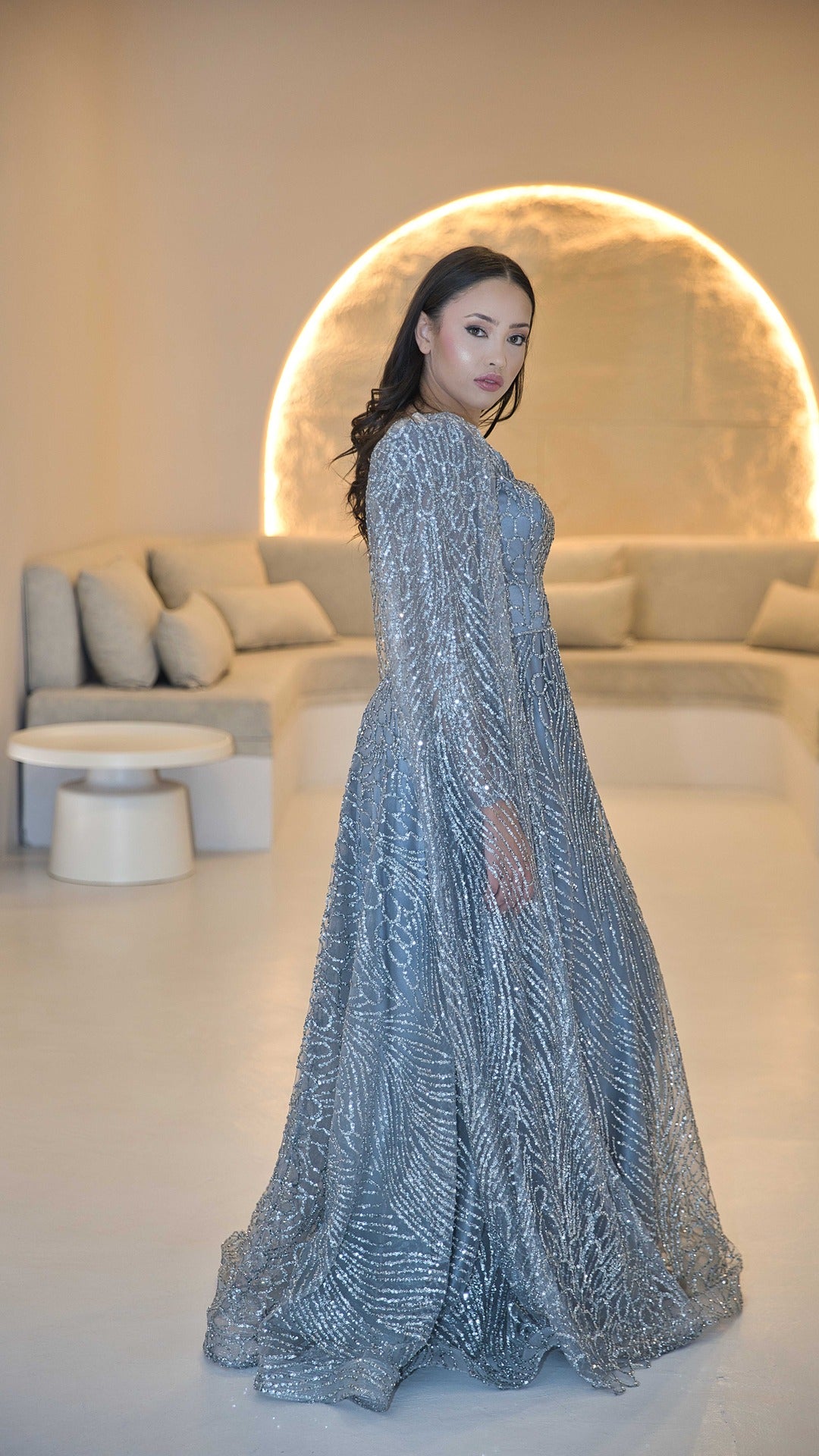 Grey Blue Cape Sleeve Evening Dress