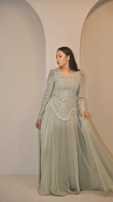 Exclusive Sage Green Dress with Jewel Embellishment & Lace Bodice