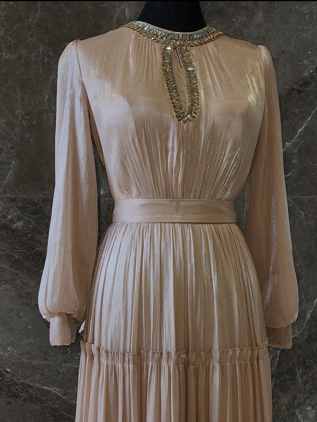 Exclusive Champagne Liquid Chiffon dress with Jewel Detail on Neckline